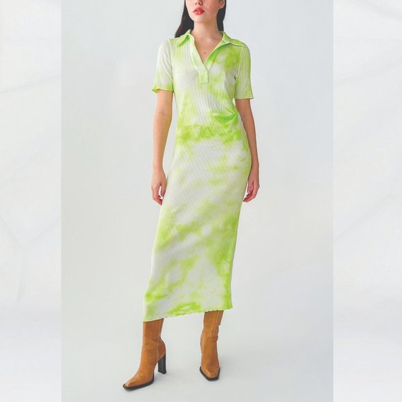 HELMUT LANG Ribbed Tie-Dyed Cotton-Jersey Midi Dress - Lime Green - Picture 1 of 14